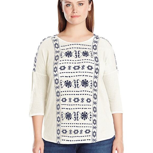 Lucky Brand Women's White Geo Embroidered Round Neck Longsleeve Top Plus 3X‎ - Picture 1 of 7